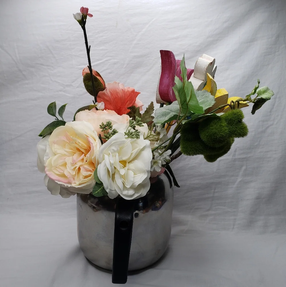 Vintage Upcycled Silver Kettle Floral Arrangement Whimsical Cottage